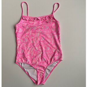 📌3/25 Vineyard Vines Girl Pink Shell Printed One Piece Ruffled Neck Swimsuit